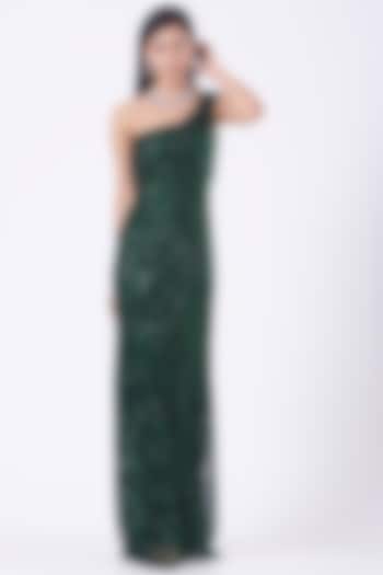 Emerald Green Hand Embroidered One-Shoulder Gown by Bhawna Rao