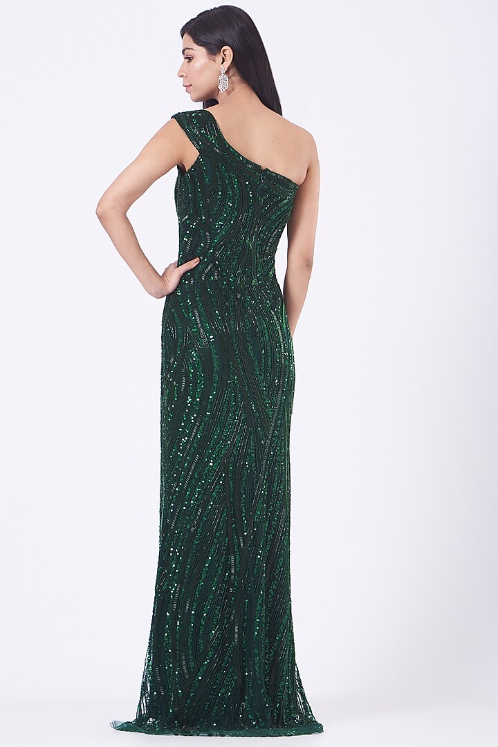 Emerald Green Hand Embroidered One-Shoulder Gown by Bhawna Rao at Pernia's Pop Up Shop