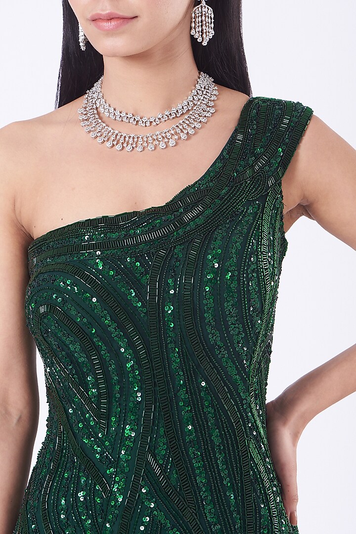 Emerald Green Hand Embroidered One-Shoulder Gown by Bhawna Rao at Pernia's Pop Up Shop