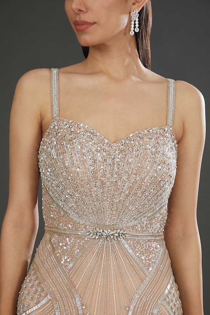Beige Italian Tulle Hand Embroidered Wedding Gown by Bhawna Rao at Pernia's Pop Up Shop
