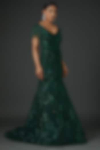 Emerald Green Italian Tulle Hand Embroidered Gown by Bhawna Rao