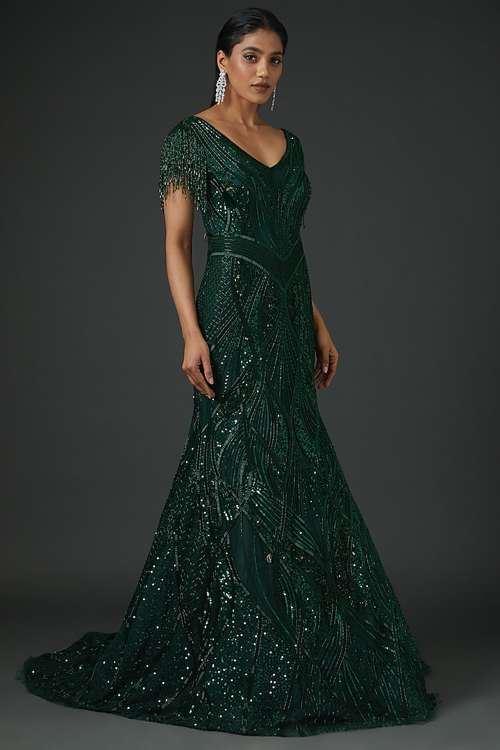 Emerald Green Italian Tulle Hand Embroidered Gown by Bhawna Rao