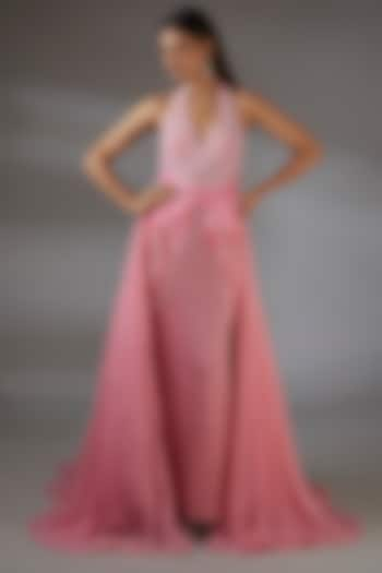 Hot Peach Pink Italian Tulle Glass Bead Hand Embroidered Gown With Skirt by Bhawna Rao at Pernia's Pop Up Shop