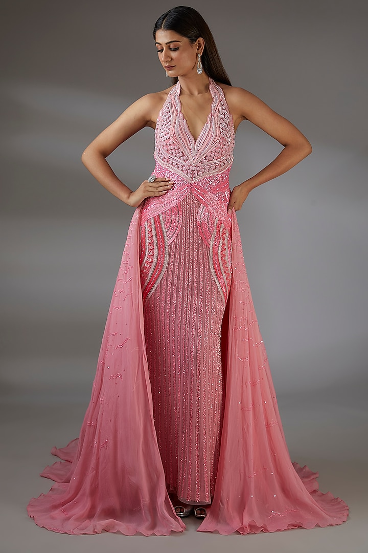 Hot Peach Pink Italian Tulle Glass Bead Hand Embroidered Gown With Skirt by Bhawna Rao at Pernia's Pop Up Shop