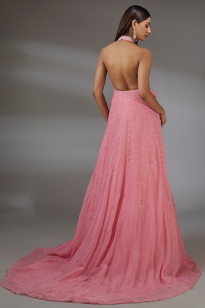Hot Peach Pink Italian Tulle Glass Bead Hand Embroidered Bridal Gown With Skirt by Bhawna Rao at Pernia's Pop Up Shop