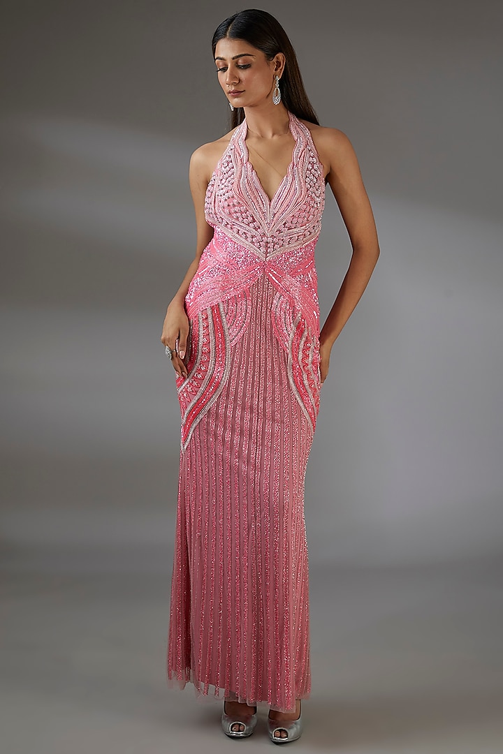 Hot Peach Pink Italian Tulle Glass Bead Hand Embroidered Bridal Gown With Skirt by Bhawna Rao at Pernia's Pop Up Shop