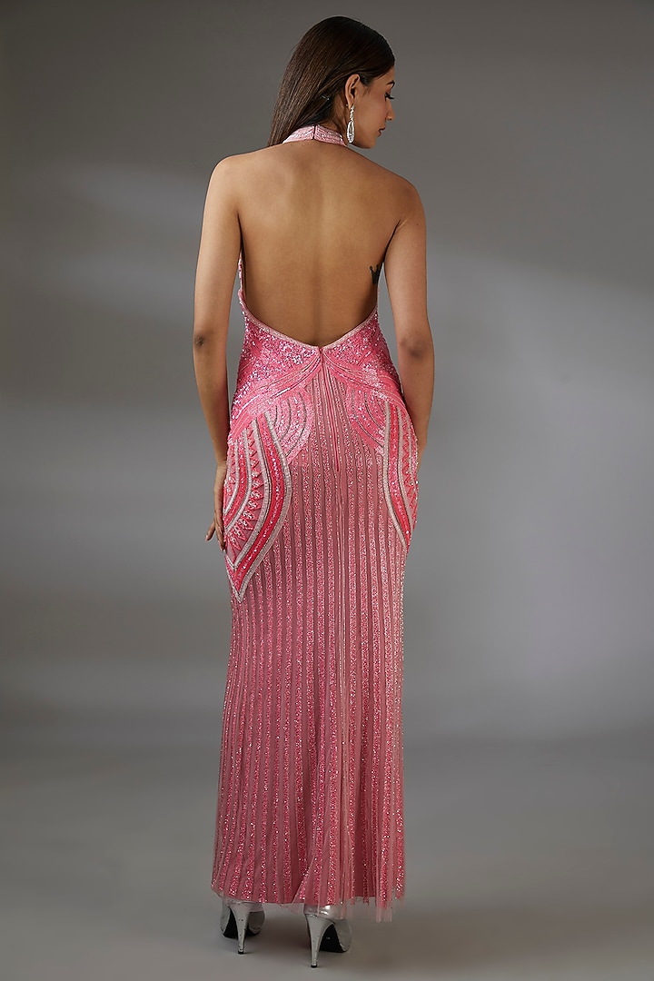 Hot Peach Pink Italian Tulle Glass Bead Hand Embroidered Bridal Gown With Skirt by Bhawna Rao at Pernia's Pop Up Shop
