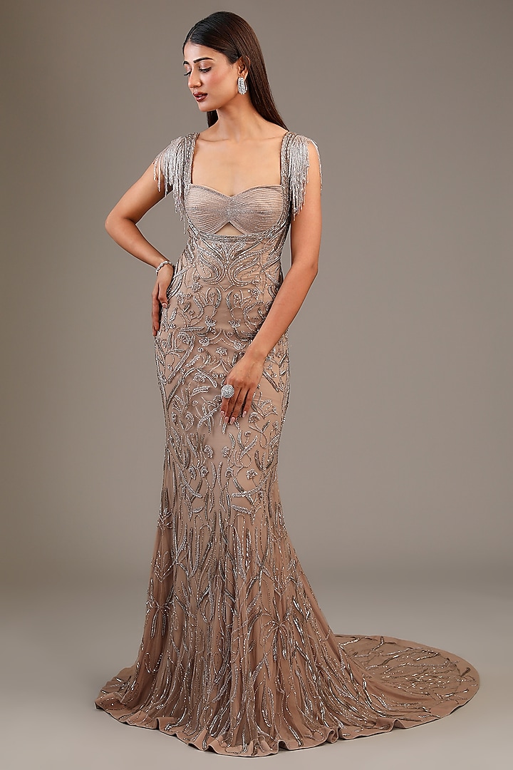 Champagne Gold Italian Tulle Glass Bead Embroidered Gown by Bhawna Rao