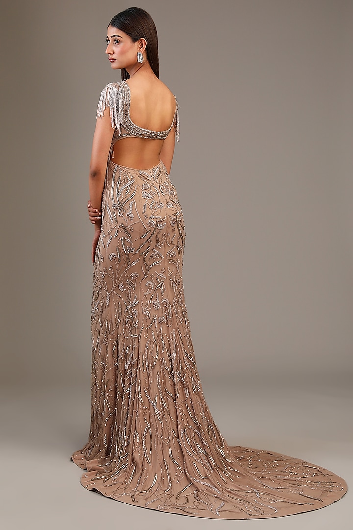 Champagne Gold Italian Tulle Glass Bead Embroidered Bridal Gown by Bhawna Rao at Pernia's Pop Up Shop