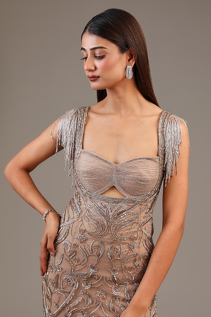 Champagne Gold Italian Tulle Glass Bead Embroidered Bridal Gown by Bhawna Rao at Pernia's Pop Up Shop