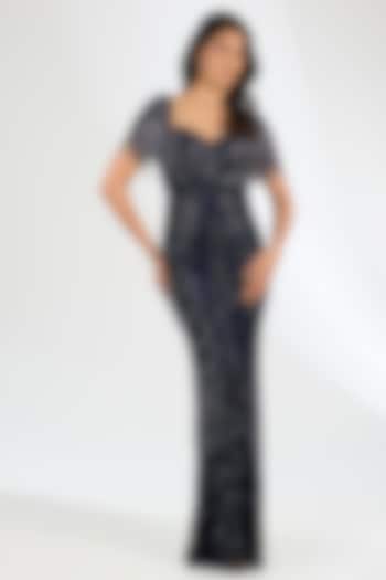 Navy Blue Italian Tulle Hand Embroidered Wedding Gown by Bhawna Rao at Pernia's Pop Up Shop