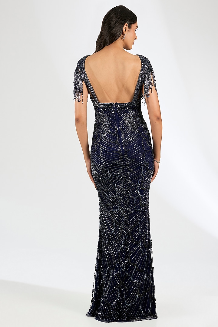 Navy Blue Italian Tulle Hand Embroidered Bridal Gown by Bhawna Rao at Pernia's Pop Up Shop