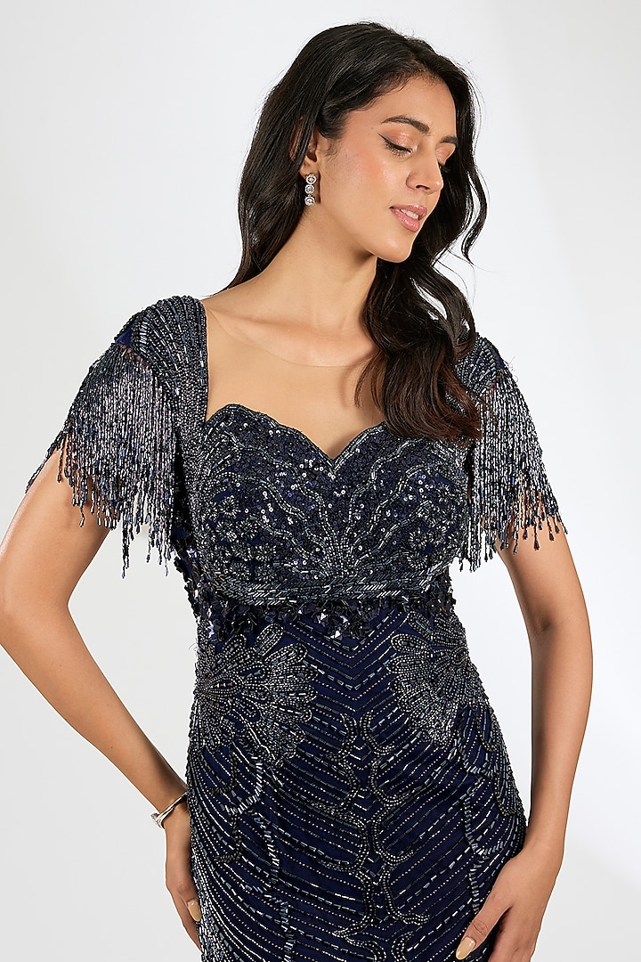 Navy Blue Italian Tulle Hand Embroidered Bridal Gown by Bhawna Rao at Pernia's Pop Up Shop