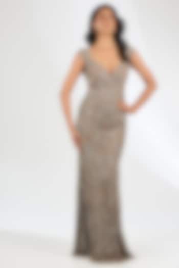 Rose Champagne Gold Italian Tulle Hand Embroidered Bridal Gown by Bhawna Rao at Pernia's Pop Up Shop