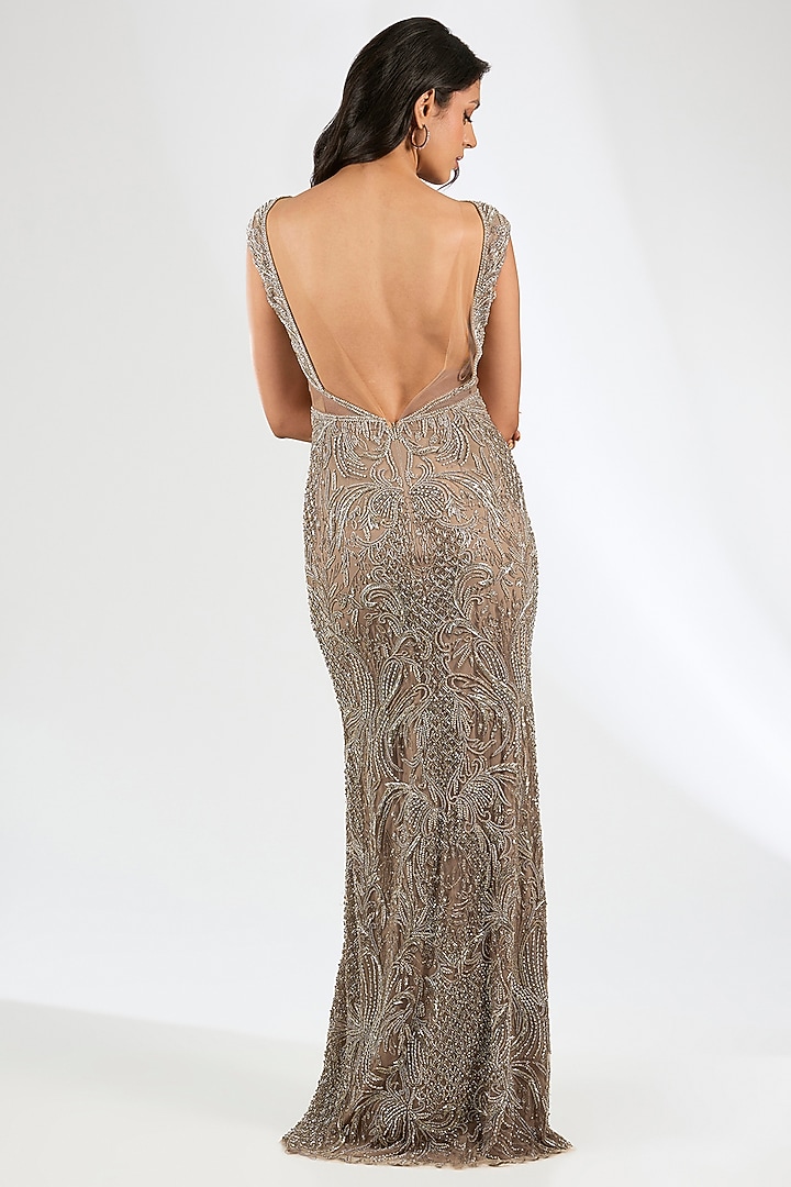 Rose Champagne Gold Italian Tulle Hand Embroidered Bridal Gown by Bhawna Rao at Pernia's Pop Up Shop