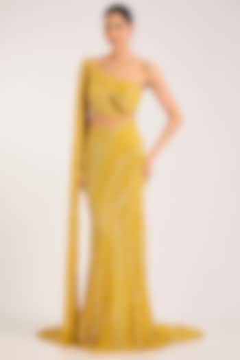Electric Yellow Italian Tulle & Georgette Hand Embroidered Bridal Gown by Bhawna Rao at Pernia's Pop Up Shop