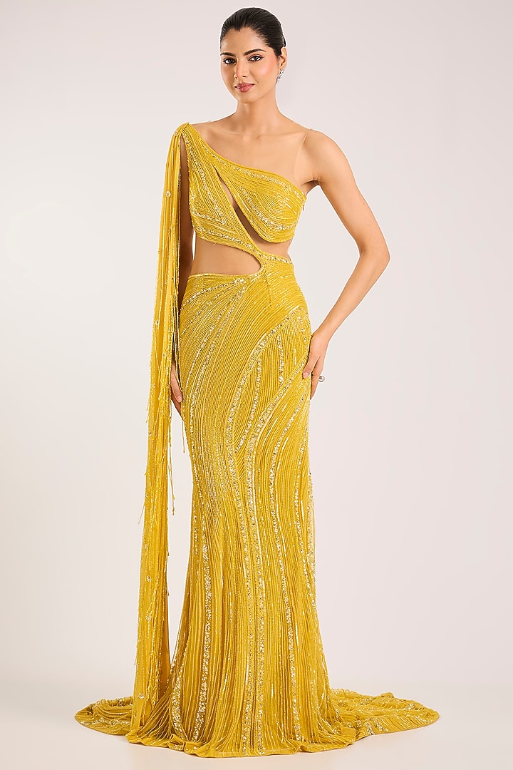 Electric Yellow Italian Tulle & Georgette Hand Embroidered Bridal Gown by Bhawna Rao at Pernia's Pop Up Shop