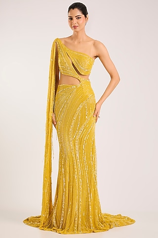 Electric Yellow Italian Tulle & Georgette Hand Embroidered Gown by Bhawna Rao