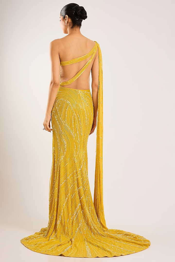 Electric Yellow Italian Tulle & Georgette Hand Embroidered Bridal Gown by Bhawna Rao at Pernia's Pop Up Shop