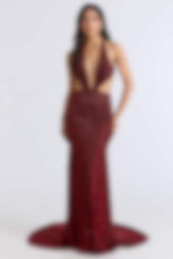 Red Italian Tulle Hand Embroidered Bridal Gown by Bhawna Rao at Pernia's Pop Up Shop