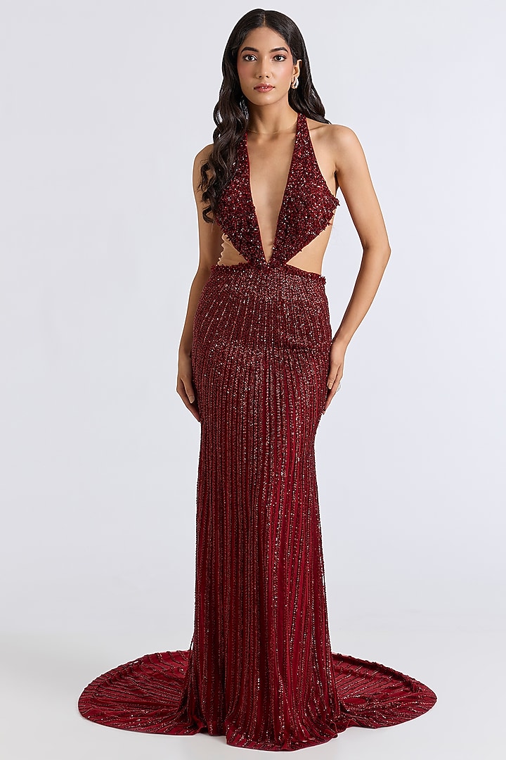 Red Italian Tulle Hand Embroidered Bridal Gown by Bhawna Rao at Pernia's Pop Up Shop