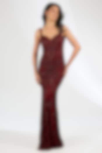 Red Italian Tulle Embroidered Wedding Gown by Bhawna Rao at Pernia's Pop Up Shop