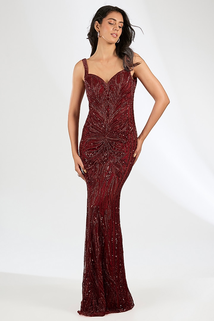 Red Italian Tulle Embroidered Wedding Gown by Bhawna Rao at Pernia's Pop Up Shop