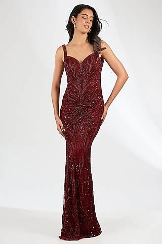 Red Italian Tulle Embroidered Gown by Bhawna Rao