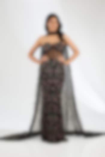 Black Italian Tulle Crystal Embroidered Bridal Gown With Cape by Bhawna Rao at Pernia's Pop Up Shop