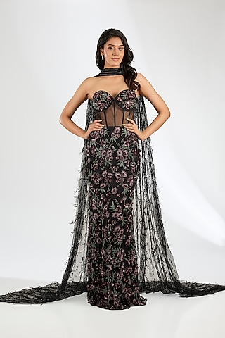 Black Italian Tulle Crystal Embroidered Gown With Cape by Bhawna Rao
