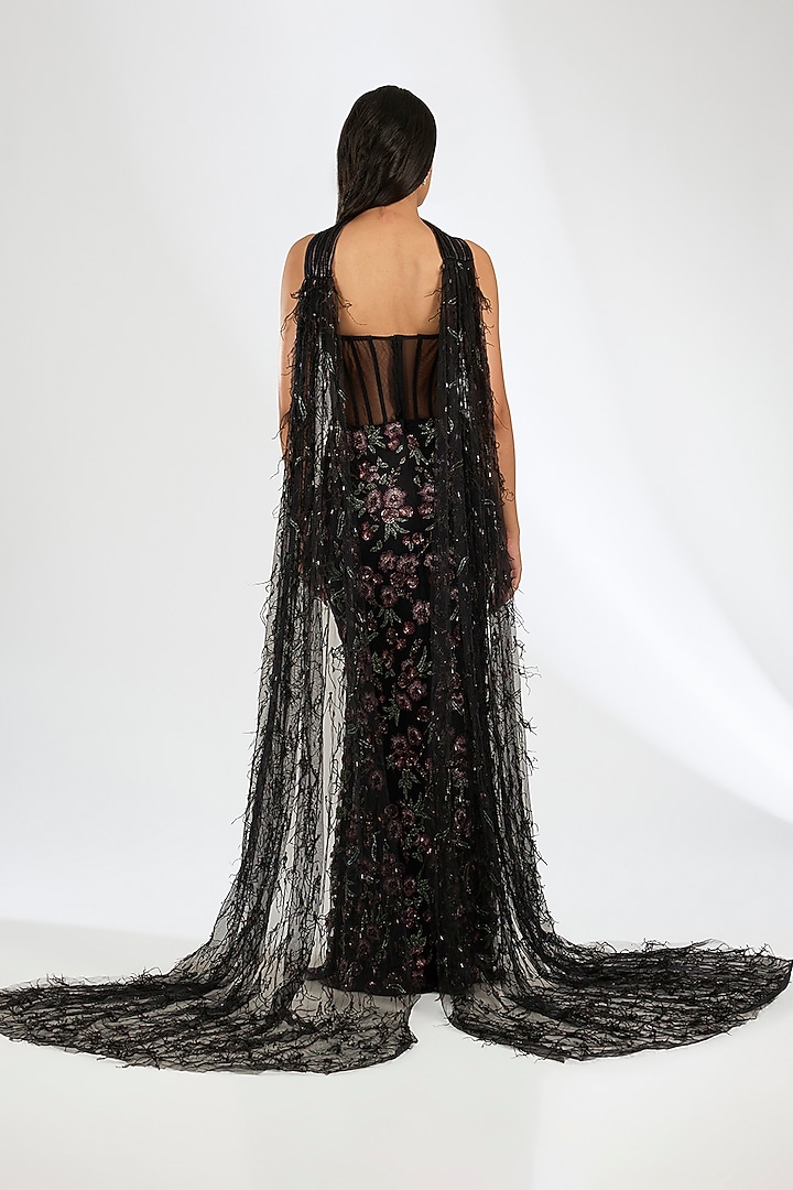 Black Italian Tulle Crystal Embroidered Bridal Gown With Cape by Bhawna Rao at Pernia's Pop Up Shop
