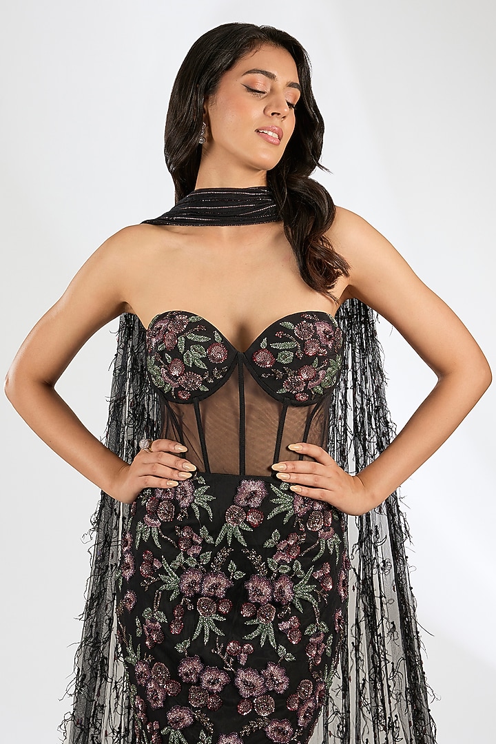 Black Italian Tulle Crystal Embroidered Bridal Gown With Cape by Bhawna Rao at Pernia's Pop Up Shop