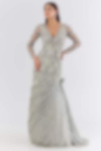 Sea Green Italian Tulle Swarovski Hand Embroidered Mermaid Flared Bridal Gown by Bhawna Rao at Pernia's Pop Up Shop