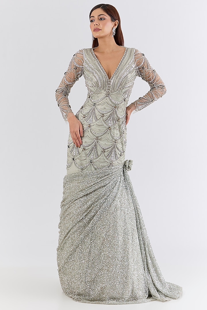 Sea Green Italian Tulle Swarovski Hand Embroidered Mermaid Flared Bridal Gown by Bhawna Rao at Pernia's Pop Up Shop