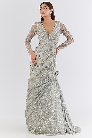 Sea Green Italian Tulle Swarovski Hand Embroidered Mermaid Flared Gown by Bhawna Rao