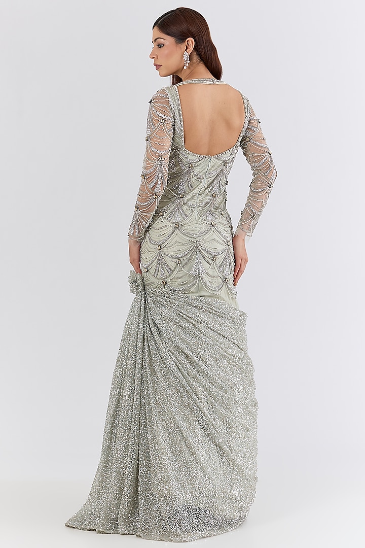 Sea Green Italian Tulle Swarovski Hand Embroidered Mermaid Flared Bridal Gown by Bhawna Rao at Pernia's Pop Up Shop