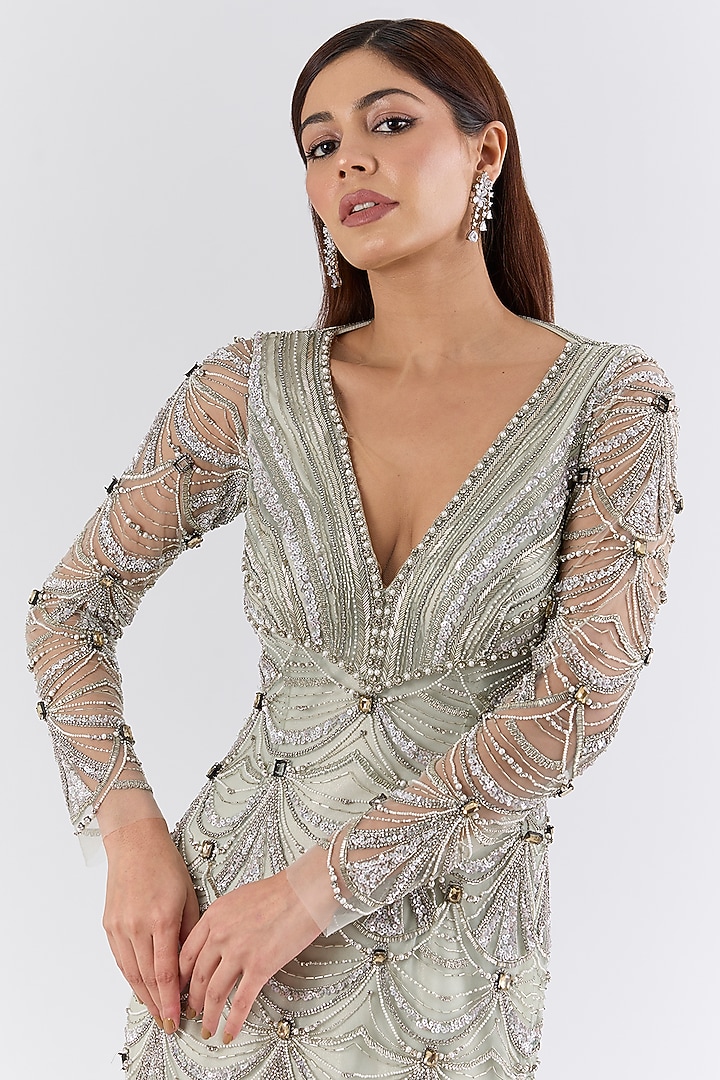 Sea Green Italian Tulle Swarovski Hand Embroidered Mermaid Flared Bridal Gown by Bhawna Rao at Pernia's Pop Up Shop