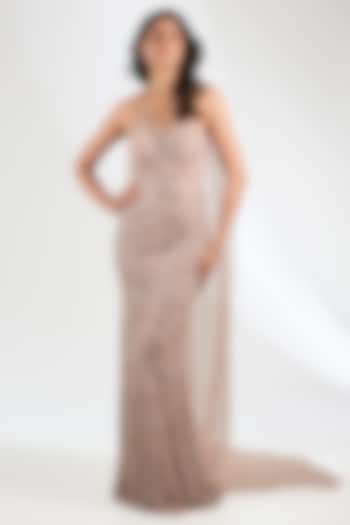 Rose Pink Italian Tulle Hand Embroidered Bridal Gown With Cape by Bhawna Rao at Pernia's Pop Up Shop