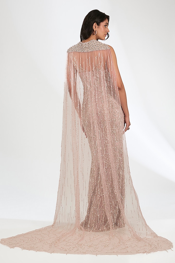 Rose Pink Italian Tulle Hand Embroidered Bridal Gown With Cape by Bhawna Rao at Pernia's Pop Up Shop