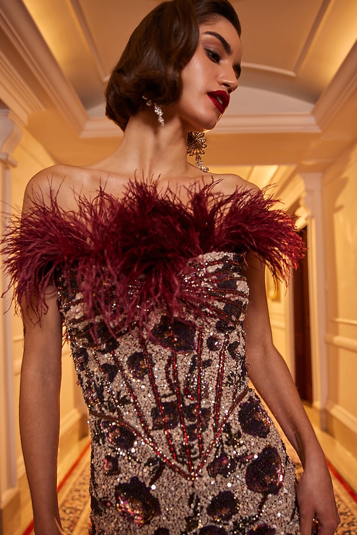 Burnt Blush & Red Italian Tulle Crystal Hand Embroidered Bridal Gown by Bhawna Rao at Pernia's Pop Up Shop