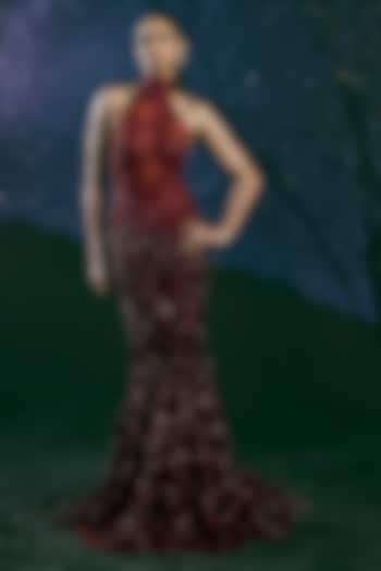 Red & Burgundy Italian Tulle 3D Embroidered Bridal Gown by Bhawna Rao at Pernia's Pop Up Shop