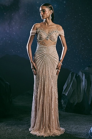 Puffy Pink Italian Tulle Glass Crystal Embroidered Gown by Bhawna Rao