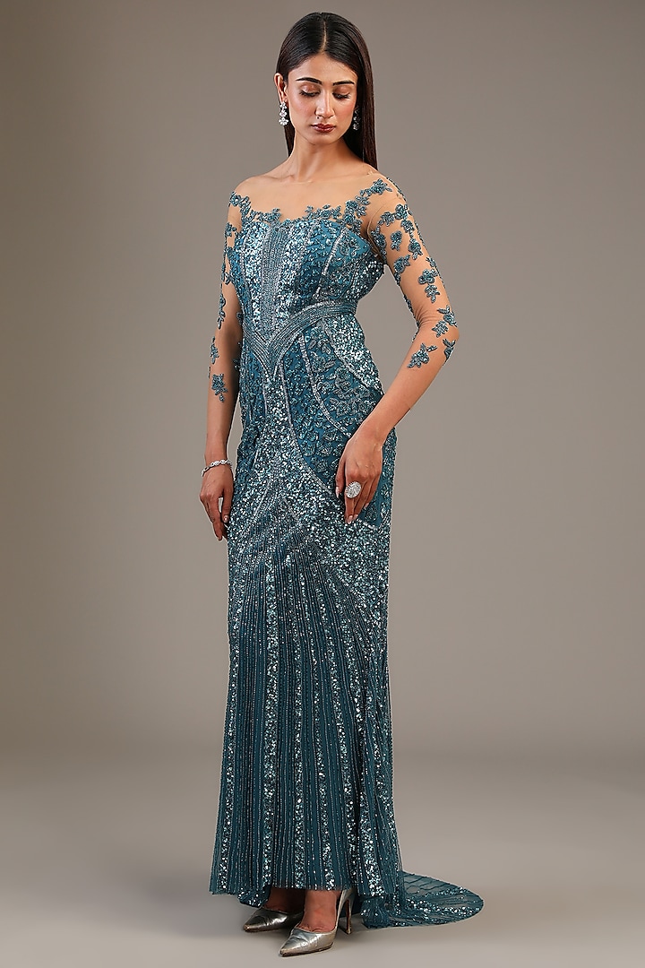 Cobalt Blue Italian Tulle Sequin Hand Embroidered Gown by Bhawna Rao