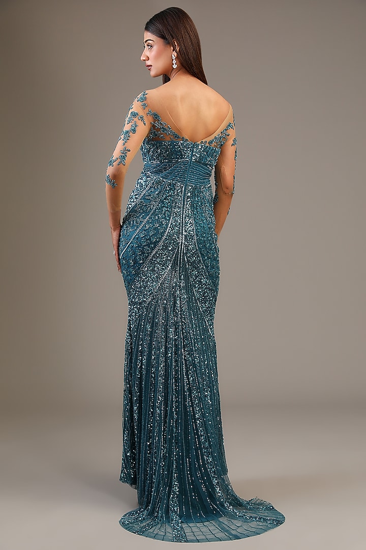 Cobalt Blue Italian Tulle Sequin Hand Embroidered Bridal Gown by Bhawna Rao at Pernia's Pop Up Shop