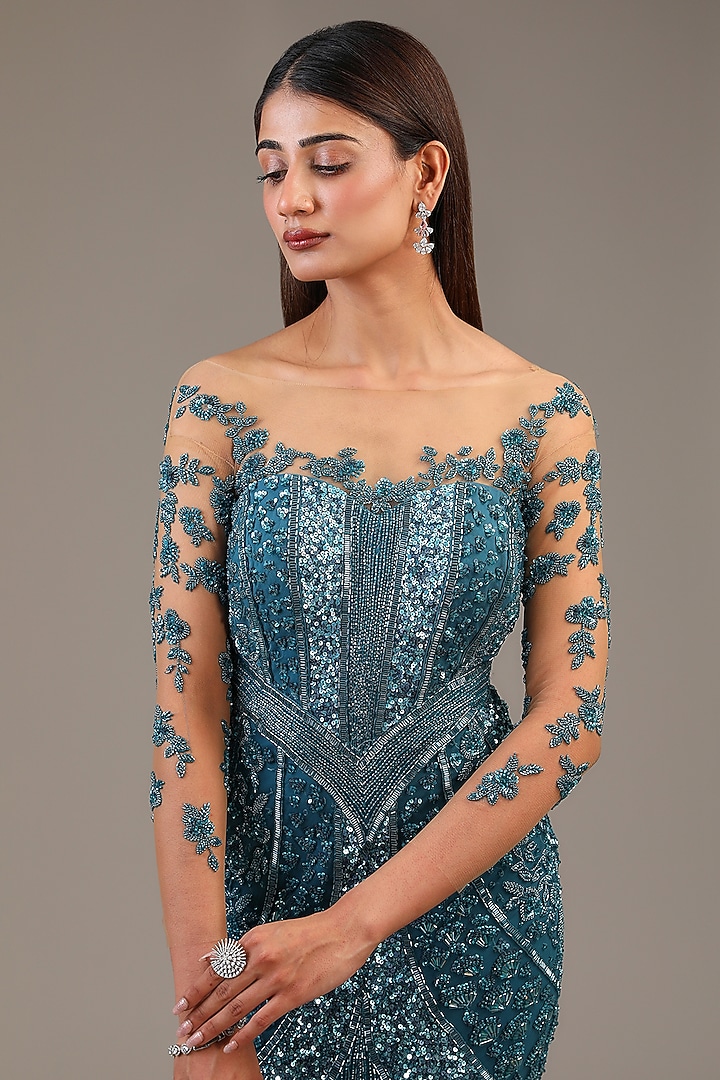 Cobalt Blue Italian Tulle Sequin Hand Embroidered Bridal Gown by Bhawna Rao at Pernia's Pop Up Shop