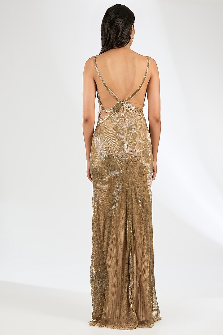 Champagne Gold Italian Tulle Crystal Hand Embroidered Wedding Gown by Bhawna Rao at Pernia's Pop Up Shop