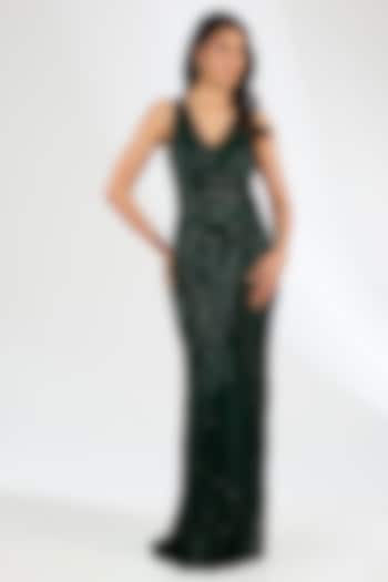 Green Italian Tulle Crystal Hand Embroidered Wedding Gown by Bhawna Rao at Pernia's Pop Up Shop