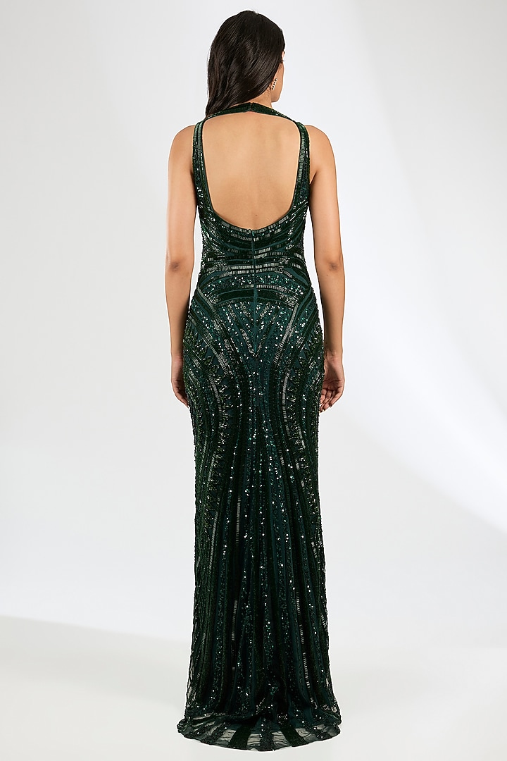Green Italian Tulle Crystal Hand Embroidered Wedding Gown by Bhawna Rao at Pernia's Pop Up Shop