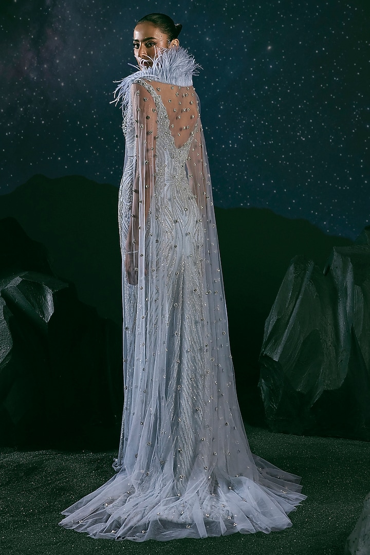 Purple-Blue Italian Tulle & Silk Lycra Swarovski Embroidered Bridal Gown by Bhawna Rao at Pernia's Pop Up Shop