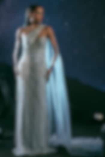 Purple & Blue Italian Tulle Embellished One-Shoulder Bridal Gown by Bhawna Rao at Pernia's Pop Up Shop